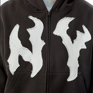 Manufacturer <strong>NY</strong> Raw Applique Full Zip up Hoodie Unisex High Street Cropped Patch Embroidery Hoodie Vintage Loose Y2k <strong>Hoodies</strong> - Product Image 3