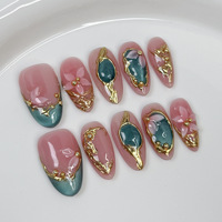 Faux ongles à presser faits main, motif floral 3D rose et blanc, pois rouges, French manucure, base rose nude, forme amande, réutilisables, manucure vintage