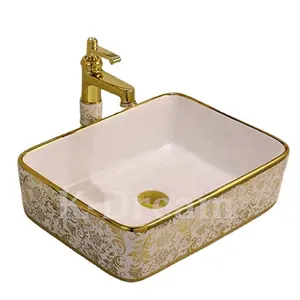 KD-01GBH Chaozhou bom acabamento bacias cerâmicas lavar com flor dourada desenhos mesa pia do banheiro retangular