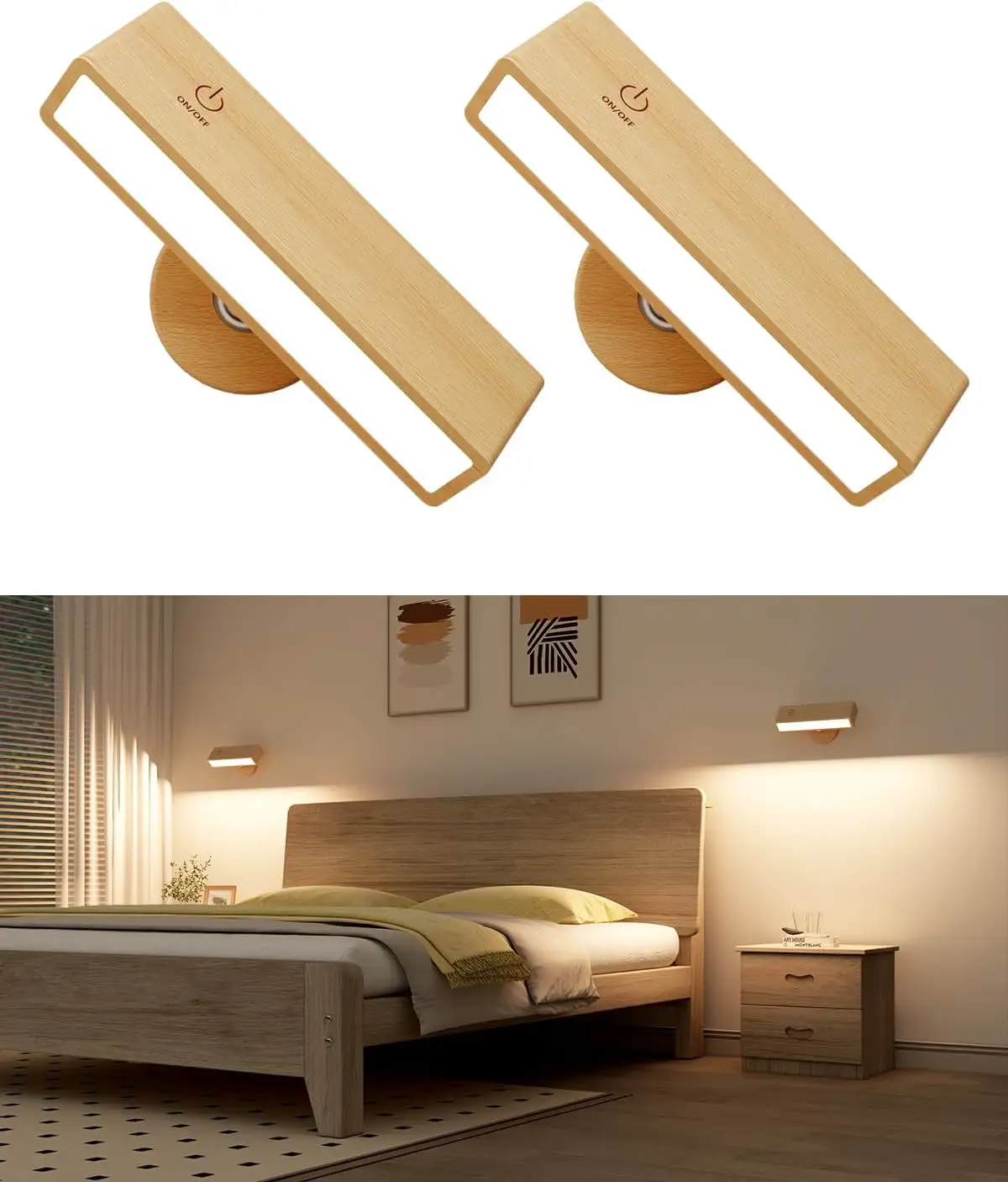 YiLaie Lâmpada de leitura de parede de madeira com design exclusivo, 2 pacotes de lâmpadas recarregáveis para crianças, luz noturna ajustável, arandelas de parede para cabeceira