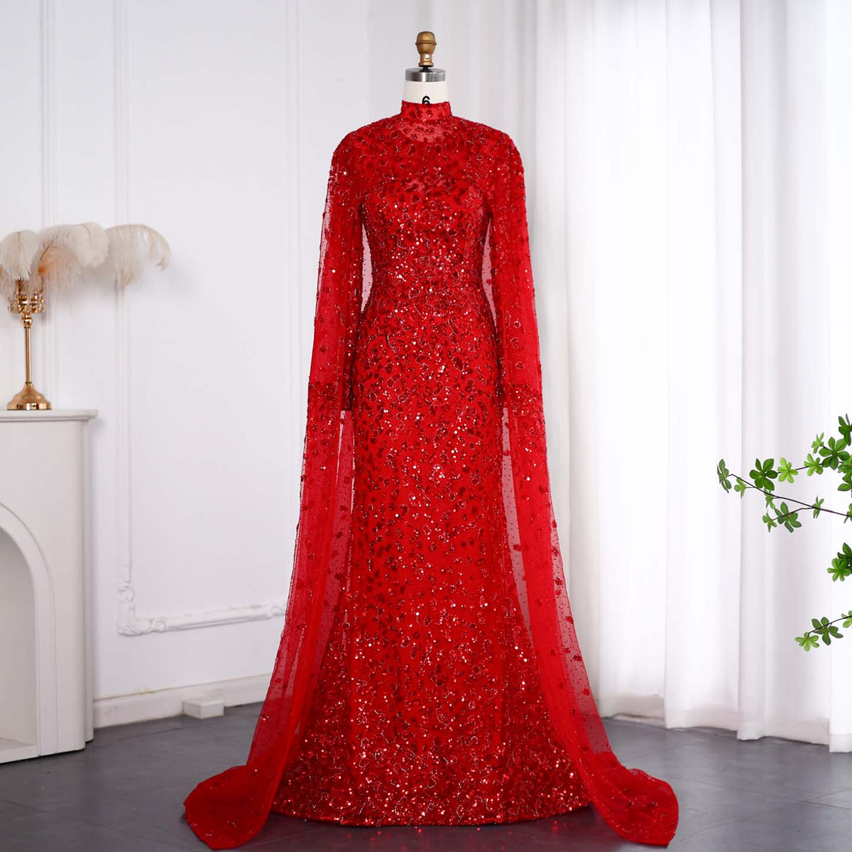 Red Long Sleeve Peasant Dress - Embroidered Vintage Look