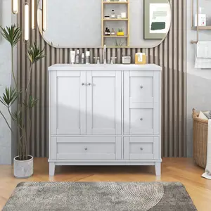 36 Inch Factory Directly Sell Modern Prefab White Rectangular Vanity 90cm PVC Bathroom Cabinet With Wash Basin