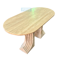 Table basse moderne en travertin beige ovale avec table en travertin en forme de L pour table à thé personnalisée de luxe 6 places