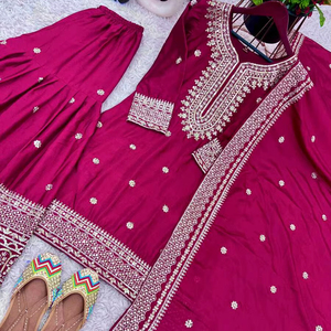 ผ้าไหมผ้าชิโน่ปักลายแฟนซีชุดทำงาน sharara กับ dupatta สีเหลือง RANI ราคาขายส่ง - Product Image 1