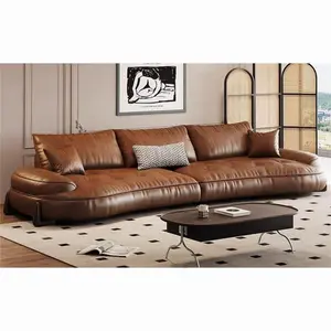 Sofa da tối giản Ý với phòng khách da bò cong hàng đầu Retro, kết hợp sofa thiết kế hiện đại và tối giản