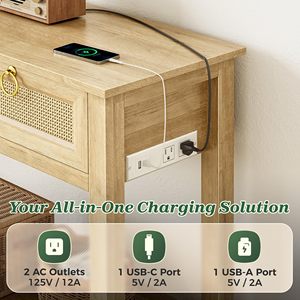 Console moderne en rotin SENYU avec port USB-C et prises, meuble de rangement d'entrée à 3 tiroirs avec étagère ouverte pour salon - Product Image 3