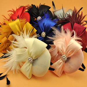 Estilo europeo y americano nuevo diseño colorido Bowknot pluma pelo Clip sombrero granadina Retro sombreros mujeres para boda fiesta gorras - Product Image 1