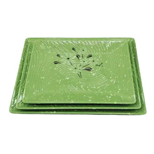 坚硬牢不可破的塑料菜肴中式晚餐绿花印花线矩形三聚氰胺板