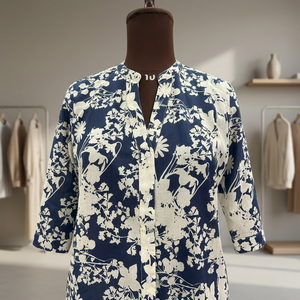 Blusa de Mujer con Estampado Floral, Cuello Mandarín, Manga Tres Cuartos, Botones, Informal, Primavera Verano, Popelina de Algodón - Product Image 6