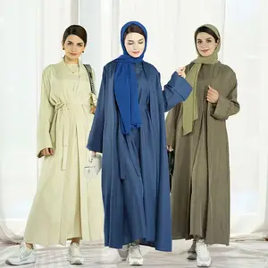 Kimono aperto Abaya Ramadan EID Cardigan manica lunga abbigliamento islamico donna musulmano Dubai lino anteriore aperto Abaya