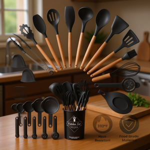 Ensemble de cuisine 35 pièces, ustensiles de cuisine en silicone avec manche en bois, spatule, cuillère, fouet, spatule à retourner, outils de pâtisserie avec support - Product Image 2