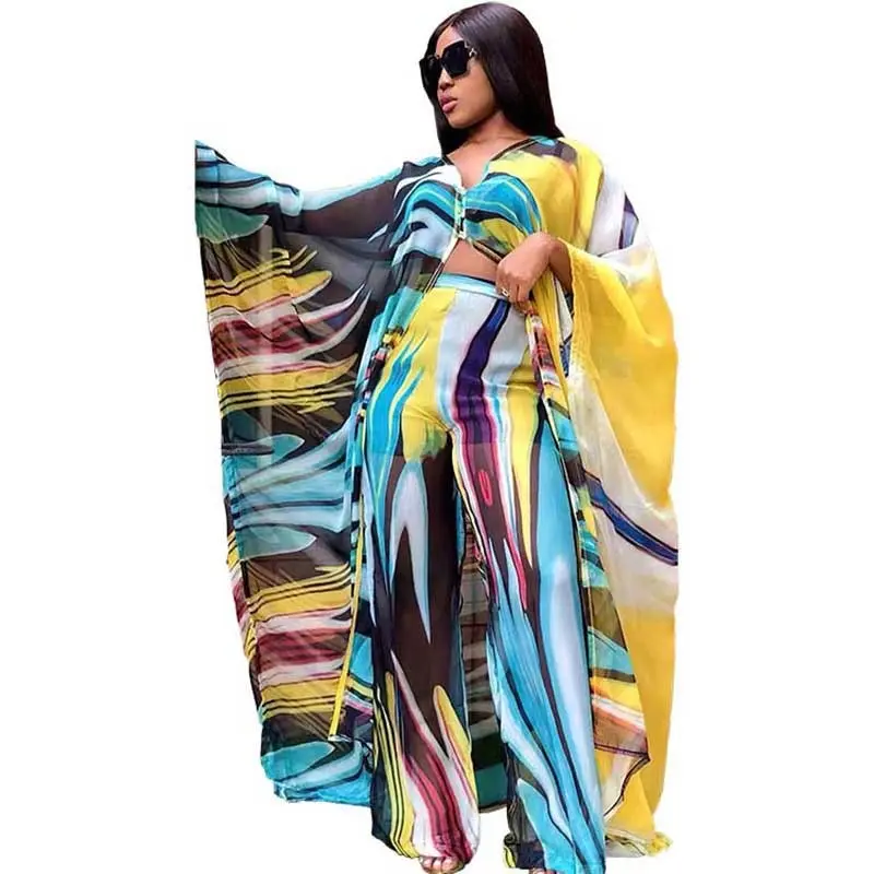Conjunto de ropa de dos piezas Popular africano, vestido de gasa abierto con pantalones, traje para mujer K0419