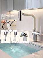 Robinet de lavabo et de lavage de légumes monocommande, style japonais, finition crème, à poser sur comptoir, avec fonction anti-éclaboussures
