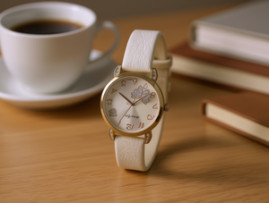 Orologio da donna placcato oro con cassa rotonda, cinturino in pelle, motivo floreale, resistente all'acqua, accessorio di moda - Product Image 2