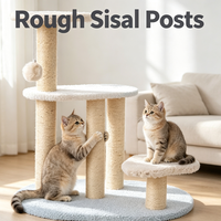 Arbre à chat moderne avec plateformes bleues, poteaux à gratter en sisal beige, boule suspendue, base souple et zone de repos multi-niveaux