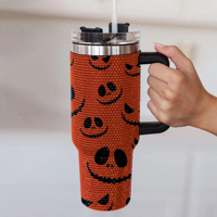 Bouteille isotherme 40oz personnalisée avec strass, motif citrouille orange Halloween visage effrayant, pour la saison macabraque et Noël