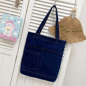Custom Blue Vintage Denim Jean Tote <b>Bag</b> Large Capacity Student Satchel with Fashionable Logo Printing Canvas <b>Material</b> - Product Image 4