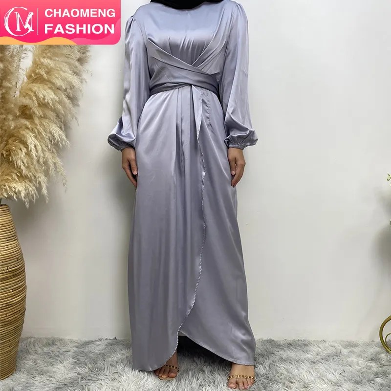 6345 # элегантное платье с длинным рукавом, высококачественное тонкое гладкое атласное платье с запахом и галстуком для мусульманских женщин