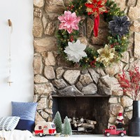 Dekorasi Pohon Natal Poinsettia Besar Buatan Berwarna-warni dengan Glitter Ramah Lingkungan dari Plastik Grosir Pabrik