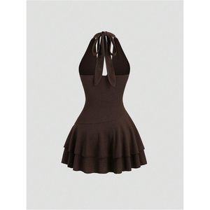 Vestido Halter Estilo Western para Mujer, Floral, Bohemio, sin Mangas, con Espalda Descubierta, Cintura Natural, Corte Ajustado y Evase, Mini, de Punto, Poliéster - Product Image 3