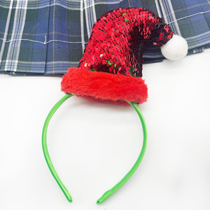 Bandeau de Noël unisexe en fausse fourrure rouge avec bande verte et chapeau de Père Noël à paillettes - Product Image 1