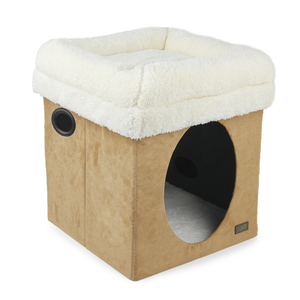All for Paws Promotion : Château pour chat 2-en-1 pliable gris/beige en fausse fourrure d'agneau, avec boîte <span class=keywords><strong>de</strong></span> rangement intégrée, pour l'intérieur et le jeu des petits animaux - Product Image 3