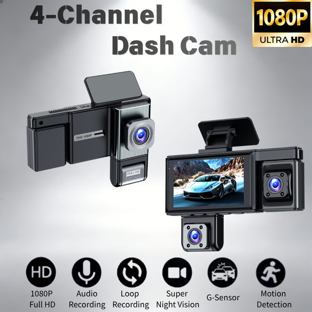 3Inch 4-Channel Dash Cam, 1080P Front and Rear Recording DVR, WDR Night Vision 170° Wide Angle WiFi HD Video Recorder