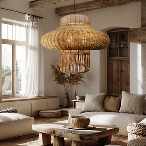 โคมไฟหวาย Qing He แบบแขวน E27 ทรงกลม สำหรับห้องนั่งเล่น ห้องน้ำชา ตกแต่งบ้าน - Product Image 5