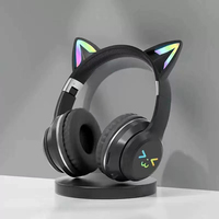 Headphone Wireless Over-ear Model Telinga Kucing untuk Gaming dengan Lampu RGB Warna-warni dan Pemutar MP3 Kartu TF
