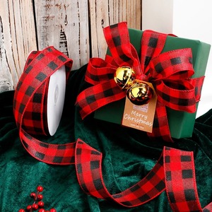 Single Face Gingham Plaid Ribbons 1-1/2 Wide Grosgrain Organza Gift Packaging Recycled Printed <b>Red</b> Black White Checkered Pattern - Product Image 3