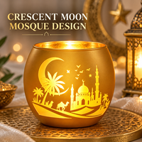 Lanterne à bougie chauffe-plat Ramadan, abat-jour, décoration de table Aïd, décoration islamique pour la maison, ornement doré découpé en forme de croissant et de mosquée