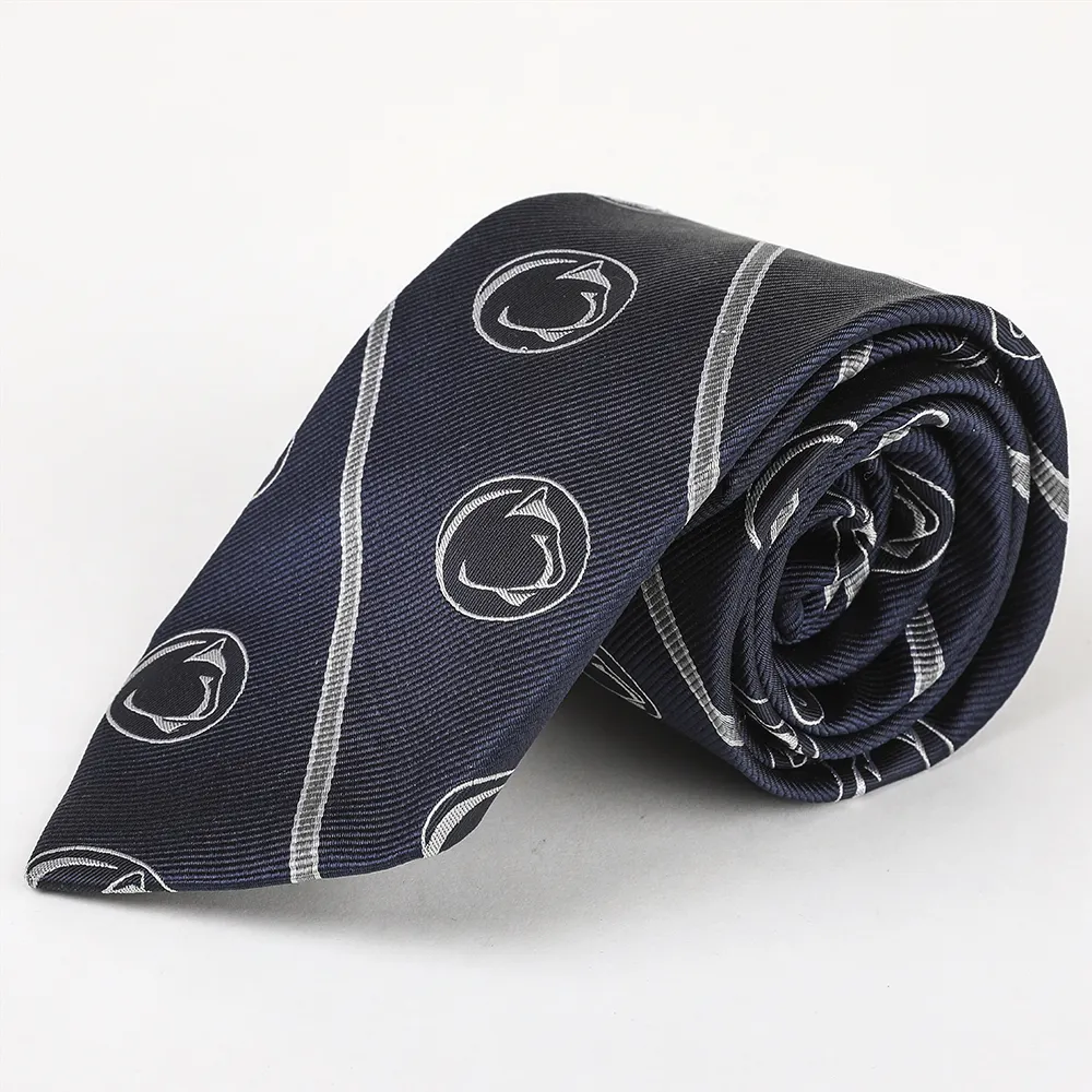 Custom Necktie Private Label 100% Silk NCAA School LOGO Navy Grey Stripe Repp Men Tie