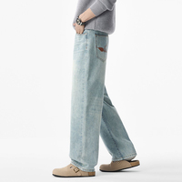 Pantalon en jean bleu clair pour homme - Collection Automne/Hiver, style américain, coupe droite, effet usé, tendance, marque rétro, pantalon long