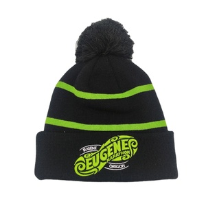 Chapeau d'hiver en tricot jacquard en acrylique personnalisé, badge en cuir brodé, <span class=keywords><strong>bonnet</strong></span> <span class=keywords><strong>pompon</strong></span> - Product Image 2