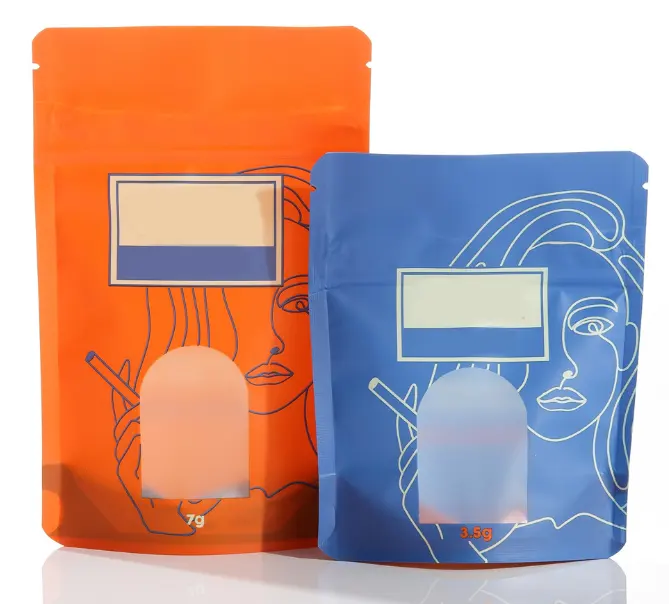 3.5g/7g Sacs d'emballage mat personnalisés Sacs de sortie anti-odeurs en Mylar résistant aux enfants avec fermeture à glissière avec fenêtre