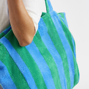 Borsa Tote a spalla da donna in spugna a righe di moda con grande capacità cotone asciugamano materiale Shopping Bag con ricamo Logo - Product Image 3