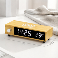 EMAF Bambú Retro Perilla Temperatura Digital Alarma de madera Cargador inalámbrico electrónico Cargador inalámbrico Rápido Reloj de mesa de escritorio