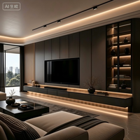 Meuble TV mural moderne de luxe en charbon de bois avec plateau en pierre, console flottante, vitrine en verre et section d'appoint à lattes de bois