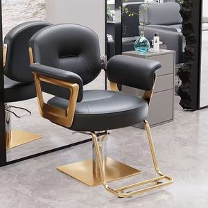 Sillón de Barbería Comercial Moderno en Cuero Sintético Gris, Estructura Metálica Dorada, Bomba Hidráulica, Base Cuadrada, Altura Ajustable, para Salón de Belleza - Product Image 3