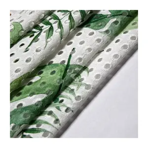 Melhor popular folhas padrão digital impresso tecido de algodão bordado ilhó