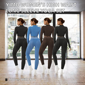 ชุดโยคะแขนยาวสีพื้นสำหรับผู้หญิงยี่ห้อ Yimo กางเกงขาสั้นเอวสูงยกสะโพกสำหรับออกกำลังกาย ชุดกีฬาไร้รอยต่อ ยืดหยุ่นได้ เหมาะสำหรับฟิตเนส - Product Image 2