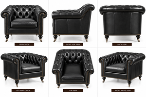 Sillón Chesterfield de Cuero Genuino Negro, Diseño Moderno de Mediados de Siglo, Tapicería Acolchada con Botones Profundos, Brazos Enrollados, Clásico con Remaches - Product Image 4