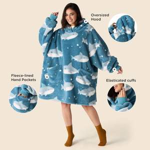 Sanxi Oversized <strong>Blanket</strong> <strong>Hoodie</strong> Wearable Ultra Soft Sherpa Fleece <strong>Cosy</strong> Sweatshirt Throw Hood Pocket Gifts Women Men Shark - Product Image 2