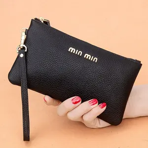 fashion designer leather card holder wallet cowhide mobile phone bag ladies clutch zipper coin purse wallet with wristlet