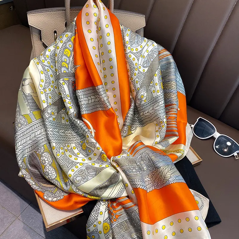 BSBH New Trendy Custom Design Ladies Scarf Digital Print H Pattern Luxury Scarf Silk Square Satin Scarf Summer With Hand Hemmed