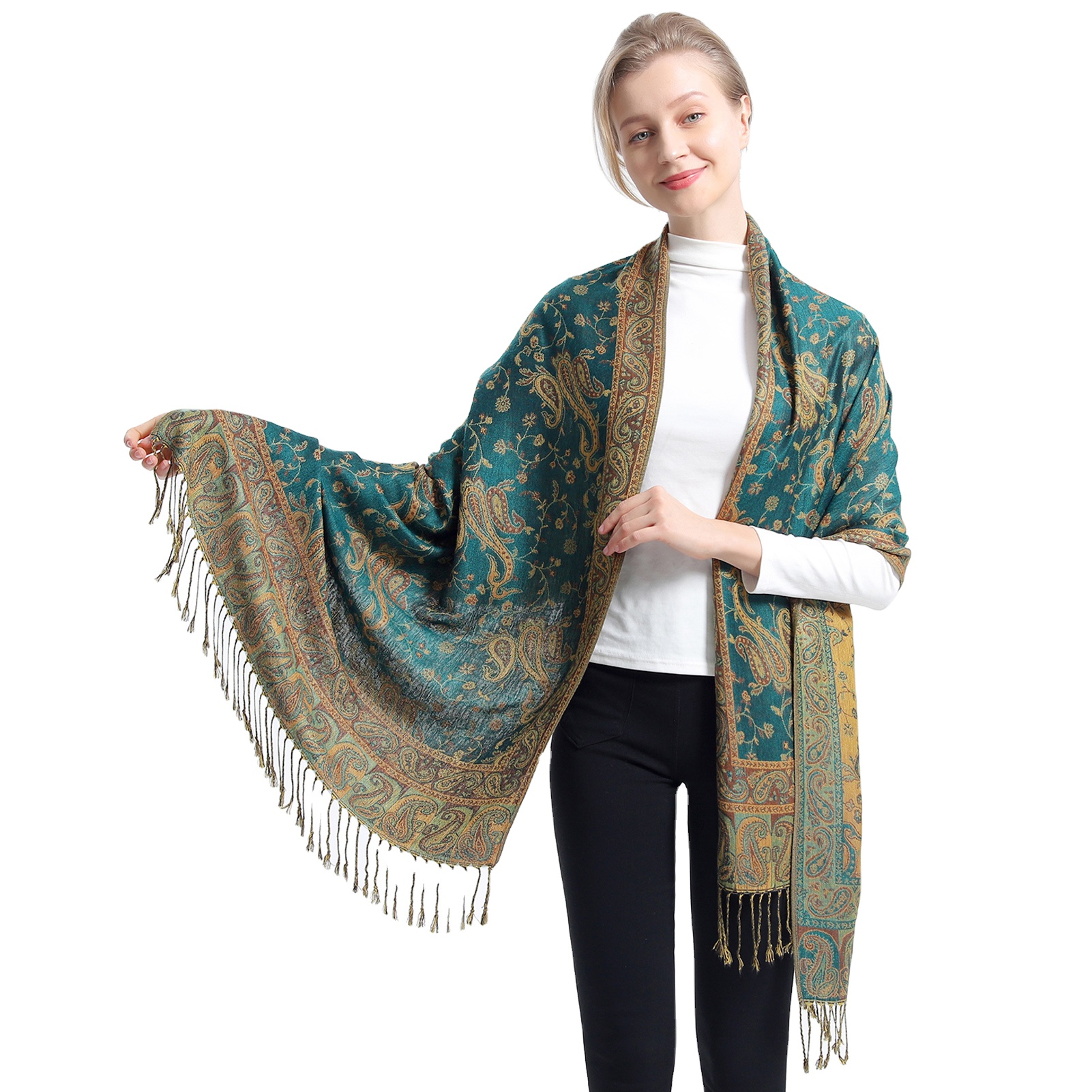 Lenço pashmina jacquard Paisley de alta qualidade com borlas para mulheres