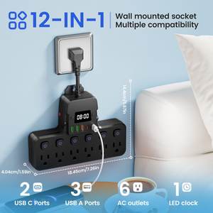 LED 시계가 있는 스마트 멀티탭 & 6개의 AC 콘센트, 12-in-1 벽걸이형 데스크탑 충전 스테이션, 서지 보호 및 유연한 코드 - Product Image 2