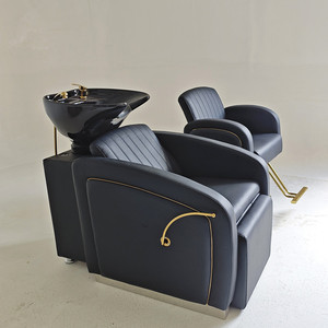 Sillón de Peluquería Hidráulico Ergonómico Reclinable Personalizable, Silla de Lavado de Cabeza de Lujo en Cuero PU Negro y Dorado, Moderno para Salón - Product Image 2