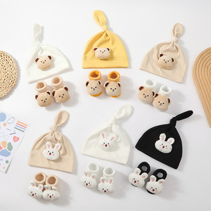 Ensemble de chaussettes et <span class=keywords><strong>bonnet</strong></span> pour nouveau-né, motif lapin et ours, en coton respirant et doux, chaussettes <span class=keywords><strong>tricot</strong></span>ées - Product Image 1