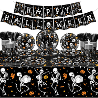 Fournitures pour Fête d'Halloween : Assiettes en papier, Gobelets, Serviettes, Nappe, Fourchettes, Couteaux, Bannières, Motifs Chauve-souris, Fantôme, Jack-o'-lantern, Crâne, Squelette